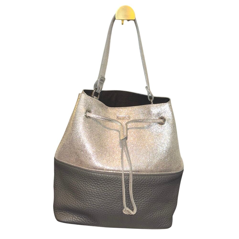 Furla Gray Two Tone Leather Bucket Bag